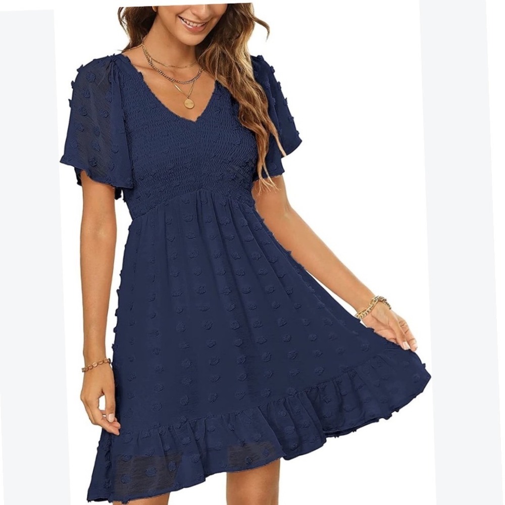Umgee Navy BlSwiss Dot V-Neck Ruffle Tiered Mini Dress Large K6154